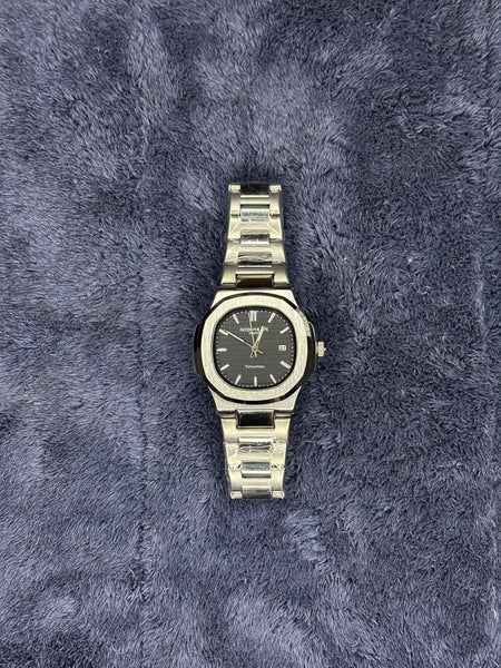 Patek Philippe-Inspired Silver Chain Watch – Black Dial & Date Edition