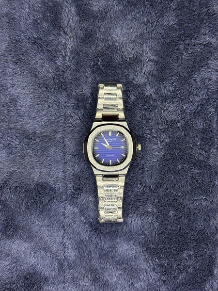 Patek Philippe-Inspired Silver Chain Watch – Blue Dial & Date Edition