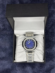 Patek Philippe-Inspired Silver Chain Watch – Blue Dial & Date Edition