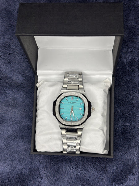 Patek Philippe-Inspired Silver Chain Watch – Light Blue Dial & Date Edition