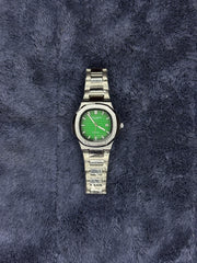 Patek Philippe-Inspired Silver Chain Watch – Green Dial & Date Edition