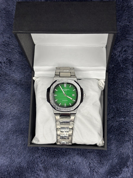 Patek Philippe-Inspired Silver Chain Watch – Green Dial & Date Edition