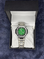 Patek Philippe-Inspired Silver Chain Watch – Green Dial & Date Edition